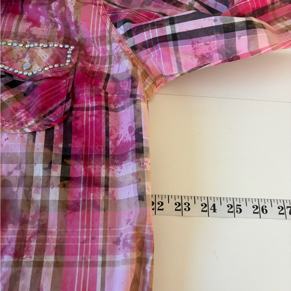 A Rare Bird Handmade Plaid Rhinestone Western Pearl Snap Shirt Dress Size M/L - Picture 14 of 16